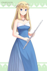 Rule 34 | 1girl, blonde hair, blue dress, blue eyes, blue gemstone, blush, breasts, cleavage, closed mouth, commentary request, dress, feet out of frame, flute, gem, head wreath, highres, holding, holding instrument, instrument, jewelry, long hair, looking at viewer, medium bangs, medium breasts, natsuya (kuttuki), necklace, original, pointy ears, smile, solo, strapless, twitter username, watermark, web address