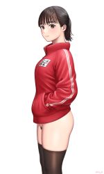 Rule 34 | 1girl, black thighhighs, bottomless, brown eyes, brown hair, female pubic hair, gym uniform, hands in pocket, highres, jacket, jersey, long sleeves, looking at viewer, medium hair, original, ponytail, pubic hair, red jacket, simple background, solo, thighhighs, track jacket, white background, yurashima