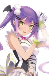 Rule 34 | 1girl, blush, bow, breasts, corset, dress, from side, gloves, green eyes, hair ornament, hairclip, hands up, hololive, kakumayu, long hair, looking at viewer, open mouth, paw pose, pointy ears, purple bow, purple hair, sidelocks, simple background, sleeveless, small breasts, smile, solo, tokoyami towa, twintails, upper body, virtual youtuber, white background, white dress, white gloves