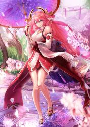 Rule 34 | 1girl, absurdres, anklet, arm up, armpits, bare legs, black footwear, bracelet, breasts, cherry blossoms, closed mouth, dated, detached sleeves, eyelashes, feet, firewater156, floral print, folded fan, folding fan, full body, genshin impact, hair between eyes, hair ornament, hand fan, highres, holding, holding fan, holding umbrella, japanese clothes, jewelry, korean commentary, long hair, long sleeves, looking at viewer, low-tied long hair, medium breasts, miko, nail polish, no panties, obi, oil-paper umbrella, petals, pink hair, pink nails, priestess, print sleeves, purple eyes, ripples, sandals, sash, shiny skin, smile, solo, standing, standing on liquid, tassel, toenail polish, toenails, tree, umbrella, very long hair, waist cape, water, wide sleeves, yae miko