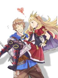 Rule 34 | 10s, 1boy, 1girl, artist name, bad id, bad pixiv id, black footwear, blonde hair, boots, brown hair, brown pants, cagliostro (granblue fantasy), capelet, carrying, crown, fighter (granblue fantasy), gauntlets, gran (granblue fantasy), granblue fantasy, hajime (gitoriokawaii), heart, long hair, pants, parted lips, princess carry, red skirt, sheath, sheathed, simple background, skirt, smile, sword, weapon, white background, white theme