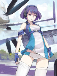Rule 34 | 1girl, aircraft, airplane, dmitry popov, female focus, fingerless gloves, gloves, headset, isle of winds, nature, outdoors, propeller, purple eyes, purple hair, short hair, sky, solo, thighhighs, yumi (isle of winds)