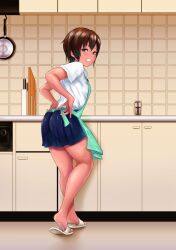 Rule 34 | 1girl, apron, ass, bare legs, blue skirt, blush, brown hair, feet, from behind, green apron, highres, indoors, kitchen, looking at viewer, looking back, original, pleated skirt, red eyes, shirt, short hair, short sleeves, skirt, slippers, smile, soles, standing, teeth, thighs, tiptoes, toes, tomboy, uriens, white footwear, white shirt