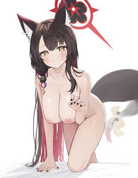 Rule 34 | 1girl, aak, absurdres, all fours, animal ear fluff, animal ears, black hair, black nails, blue archive, breasts, closed mouth, colored inner hair, commentary request, fox ears, fox girl, fox tail, halo, hand up, heart, heart-shaped pupils, highres, large breasts, long hair, looking at viewer, multicolored hair, nipples, nude, red hair, red halo, smile, solo, symbol-shaped pupils, tail, very long hair, wakamo (blue archive), yellow eyes