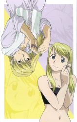 Rule 34 | 2girls, bare arms, bare shoulders, blonde hair, blue eyes, breasts, brown eyes, brushing hair, cleavage, closed mouth, comb, ear piercing, earrings, fullmetal alchemist, grabbing another&#039;s hair, happy, jewelry, long hair, looking at viewer, midriff, multiple girls, navel, pajamas, piercing, riza hawkeye, simple background, sleeves rolled up, smile, strapless, towel, tube top, unbuttoned, upper body, upside-down, white towel, winry rockbell, zoom layer