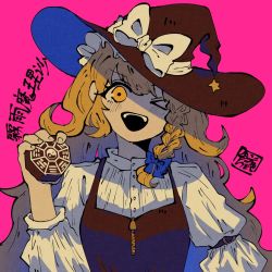 Rule 34 | 1girl, arm garter, arm up, black hat, black vest, blonde hair, blue ribbon, blush, braid, buttons, commentary request, hair between eyes, hair ribbon, hat, hat ribbon, kirisame marisa, long hair, long sleeves, looking at viewer, mini-hakkero, one eye closed, open mouth, pink background, ribbon, shirt, sokura (mochichitose), solo, touhou, translation request, upper body, vest, white shirt, witch hat, yellow eyes