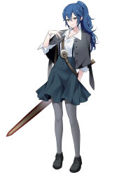 Rule 34 | 1girl, alternate costume, alternate hairstyle, ameno (a meno0), black capelet, black footwear, blue eyes, blue hair, blue skirt, capelet, closed mouth, collarbone, collared shirt, falchion (fire emblem), fire emblem, fire emblem awakening, full body, grey pantyhose, hair between eyes, highres, long hair, looking at viewer, lucina (fire emblem), nintendo, pantyhose, ponytail, shirt, shoes, simple background, skirt, sleeves rolled up, smile, solo, suspenders, sword, weapon, white background, white shirt