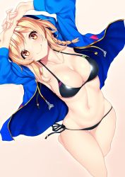 Rule 34 | 1girl, armpits, bikini, black bikini, blonde hair, blue sweater, braid, breasts, character request, cleavage, copyright request, feet out of frame, highres, long hair, looking at viewer, medium breasts, navel, nebusoku, simple background, smile, solo, sweater, swimsuit, white background, yellow eyes