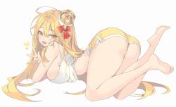 Rule 34 | 1girl, all fours, ass, barefoot, blonde hair, blush, bow, breasts, crown, full body, gogoco, hair between eyes, heart, highres, large breasts, long hair, looking at viewer, mini crown, open mouth, original, red bow, shorts, sideboob, simple background, solo, tank top, tilted headwear, w, white background, white tank top, yellow eyes, yellow shorts