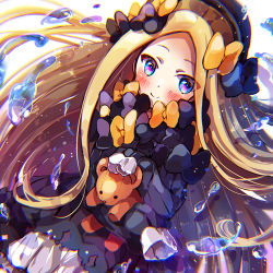 Rule 34 | 1girl, abigail williams (fate), bad id, bad pixiv id, black bow, black dress, black hat, blonde hair, bloomers, blue eyes, blush, bow, breasts, closed mouth, dress, fate/grand order, fate (series), forehead, hair bow, hat, kotohogi funyanya~, long hair, long sleeves, looking at viewer, multiple hair bows, orange bow, parted bangs, ribbed dress, sleeves past fingers, sleeves past wrists, small breasts, smile, solo, stuffed animal, stuffed toy, teddy bear, underwear, water, white bloomers