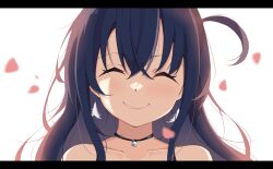 Rule 34 | 1girl, bare shoulders, black hair, blush, close-up, closed eyes, closed mouth, collarbone, earrings, facing viewer, hair between eyes, highres, idoly pride, jewelry, letterboxed, long hair, nagase mana, one side up, pendant, portrait, raised eyebrows, ray (rays 26), sidelocks, simple background, smile, solo, white background