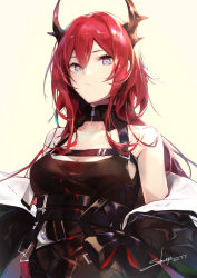 Rule 34 | 1girl, arknights, bare shoulders, black bow, black coat, black dress, bow, breasts, cleavage, closed mouth, coat, collarbone, dated, dress, highres, horns, long hair, looking at viewer, medium breasts, off shoulder, open clothes, open coat, purple eyes, red hair, sakusyo, signature, simple background, solo, surtr (arknights), upper body, yellow background, zipper pull tab
