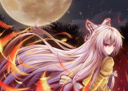 Rule 34 | &gt;:(, 1girl, arm garter, blush, bow, fire, frown, fujiwara no mokou, full moon, hair bow, long hair, looking at viewer, moon, night, night sky, oubou, red eyes, silver hair, sky, solo, star (sky), starry sky, touhou, tree shade, tsurime, upper body, v-shaped eyebrows, very long hair, white bow