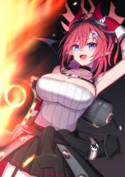 Rule 34 | 1girl, absurdres, blue archive, blue eyes, breasts, cleavage, clothes around waist, demon tail, fire, flamethrower, gas tank, gloves, goggles, goggles on head, gotokawa meguro, highres, horns, large breasts, megu (blue archive), pleated skirt, pointy ears, red hair, ribbed shirt, shirt, skirt, sweat, tail, weapon