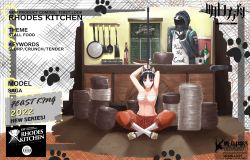 Rule 34 | 1girl, 1other, animal ears, arknights, armpits, arms up, bandages, black hair, black jacket, bowl, chest sarashi, commentary, copyright name, doctor (arknights), dog ears, english commentary, frying pan, geta, highres, hood, hooded jacket, indian style, jacket, long hair, maikeruexe, midriff, navel, orange pants, pants, paw print, saga (arknights), sarashi, sitting, socks, stomach, white legwear