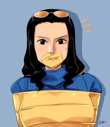 Rule 34 | 1girl, bdsm, black hair, blue shirt, bondage, bound, bound arms, breasts, brown eyes, gag, gagged, highres, improvised gag, large breasts, long hair, long sleeves, looking at viewer, lost one zero, nico robin, one piece, one piece film: z, shirt, solo, sunglasses, sunglasses on head, sweater, tape, tape gag, turtleneck, turtleneck sweater, upper body