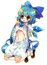 Rule 34 | 1girl, bad id, bad pixiv id, bloomers, blue eyes, blue hair, bow, child, cirno, clothes lift, female focus, hair bow, ice, midriff, mitsubachi koucha, navel, short hair, simple background, skirt, skirt lift, solo, touhou, underwear, white background, wings