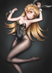 Rule 34 | 1girl, animal ears, arms up, bai linqin, bakemonogatari, bare shoulders, black leotard, blonde hair, brown pantyhose, commentary request, covered navel, fake animal ears, flat chest, highres, legs together, leotard, long hair, long legs, looking to the side, lying, monogatari (series), on back, oshino shinobu, pantyhose, playboy bunny, rabbit ears, shiny clothes, solo, strapless, strapless leotard, thighs, toes, wrist cuffs, yellow eyes
