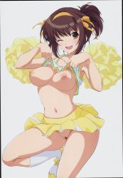Rule 34 | 1girl, absurdres, alternate hairstyle, bar censor, blush, breasts, brown eyes, brown hair, censored, cheerleader, clothes lift, crop top, hairband, haruhisky, highres, lifting own clothes, miniskirt, nipples, no bra, no panties, non-web source, one eye closed, pom pom (cheerleading), pussy, scan, scan artifacts, shirt lift, short hair, short ponytail, skirt, solo, standing, standing on one leg, suzumiya haruhi, suzumiya haruhi no yuuutsu, thighs, yellow skirt