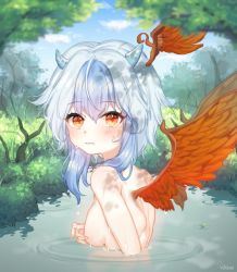 Rule 34 | 1girl, bird wings, blue hair, blush, breasts, bush, hajin, horns, leaf, looking at viewer, medium breasts, multicolored hair, nude, partially submerged, pond, single head wing, single wing, solo, tokiko (touhou), touhou, tree, two-tone hair, wet, white hair, wings