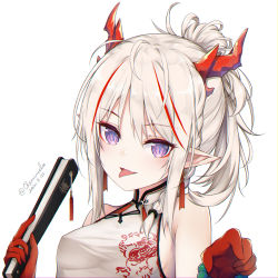Rule 34 | 1girl, arknights, armpit crease, bare shoulders, braid, breasts, china dress, chinese clothes, covered erect nipples, dragon horns, dress, fang, folded fan, folding fan, hair bun, hand fan, highres, holding, horns, linez, long hair, looking at viewer, multicolored hair, nian (arknights), nian (unfettered freedom) (arknights), open mouth, pointy ears, ponytail, print dress, purple eyes, sidelocks, simple background, single hair bun, sleeveless, sleeveless dress, slit pupils, small breasts, smile, solo, streaked hair, tongue, tongue out, upper body, white background, white dress, white hair