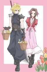 Rule 34 | 1boy, 1girl, aerith gainsborough, armor, arms behind back, belt, blonde hair, blue eyes, blue pants, blue shirt, boots, breasts, brown hair, buster sword, cattail, chisa 02, choker, cleavage, cloud strife, cropped jacket, dress, final fantasy, final fantasy vii, final fantasy vii remake, flower, flower basket, gloves, green eyes, highres, jacket, jewelry, lily (flower), long dress, necklace, pants, pink dress, plant, red jacket, ribbon, shirt, shoulder armor, simple background, spiked hair, square enix, suspenders, tulip, turtleneck, walking, wavy hair, weapon, weapon on back, white flower, yellow flower
