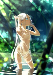 Rule 34 | 1girl, blue eyes, blurry, blurry background, censored, censored nipples, convenient censoring, day, forest, highres, legs apart, light rays, long hair, nature, navel, open mouth, original, outdoors, ripples, see-through, silver hair, solo, standing, sunbeam, sunlight, wading, water, wet, wet clothes, yanagi yuu