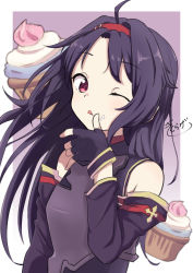 Rule 34 | 1girl, ahoge, armor, commentary request, cream, detached sleeves, fingerless gloves, gloves, hairband, highres, long hair, looking at viewer, one eye closed, pointy ears, purple armor, purple hair, red eyes, smile, solo, sword art online, tongue, tongue out, translation request, very long hair, with s, yuuki (sao)