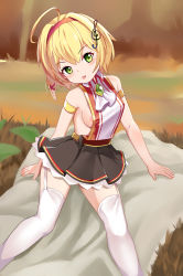 Rule 34 | 1girl, adapted costume, ahoge, areola slip, azur lane, bangle, bare shoulders, black skirt, blanket, blonde hair, blush, bracelet, breasts, chinese commentary, collared shirt, commentary request, feet out of frame, field, fine fabric emphasis, fortissimo, garter straps, grass, green eyes, hair intakes, hair ornament, hairband, highres, jewelry, looking at viewer, medium breasts, musical note, musical note hair ornament, nipple slip, nipples, outdoors, pleated skirt, shirt, short hair, sideboob, sidelocks, sitting, skirt, smile, solo, southampton (azur lane), the hermit, thighhighs, tongue, tongue out, treble clef, white thighhighs
