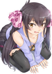 Rule 34 | 1girl, ahoge, arms between legs, belt, belt over clothes, black hair, black skirt, black thighhighs, blue shirt, breasts, brown eyes, cleavage, clothing cutout, collarbone, commentary, downblouse, feet out of frame, glint, gold necklace, hair between eyes, hair ribbon, idolmaster, idolmaster cinderella girls, jewelry, kneeling, lace, lace-trimmed legwear, lace trim, leaning forward, long hair, long sleeves, looking at viewer, looking up, matoba risa, miri (ago550421), necklace, nervous smile, no shoes, open mouth, pendant, pink ribbon, pleated skirt, ribbon, seiza, shadow, shirt, shoulder cutout, sidelocks, sideways mouth, signature, simple background, sitting, skirt, sleeves past wrists, small breasts, smile, solo, spots, studded belt, thighhighs, tsurime, twintails, white background, zettai ryouiki