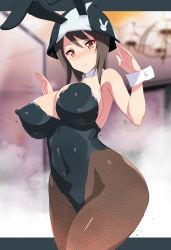 Rule 34 | 1girl, absurdres, animal ears, armpit peek, blurry, blurry background, bodypaint, breasts, brown eyes, brown hair, chandelier, cleavage, closed mouth, commentary request, completely nude, detached collar, girls und panzer, highres, indoors, leotard, letterboxed, looking at viewer, mika (girls und panzer), nakamura yukitoshi, navel, nipples, nude, painted clothes, playboy bunny, rabbit ears, rabbit pose, smile, solo, standing, stomach, thighs, tulip hat, wrist cuffs