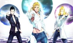 Rule 34 | 3boys, armor, black hair, blonde hair, blue eyes, collarbone, cowboy shot, denim, el shaddai, enoch, formal, highres, ichikawa ryuunosuke, jeans, looking at viewer, lucifel (el shaddai), male focus, michael (el shaddai), midriff, multiple boys, navel, necktie, outstretched arm, outstretched hand, pants, parted lips, pointing, pointing at viewer, shirt, smile, standing, suit, white shirt, yellow eyes