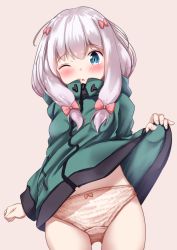 Rule 34 | 1girl, ;o, blue eyes, blush, bow, bow panties, brown background, brown panties, clothes lift, clothes writing, commentary request, cowboy shot, eromanga sensei, green jacket, hair bow, highres, izumi sagiri, jacket, jacket lift, lifted by self, long hair, long sleeves, looking at viewer, mochiyuki, multiple hair bows, nail polish, one eye closed, panties, parted lips, pink nails, red bow, sidelocks, silver hair, simple background, solo, standing, text print panties, underwear