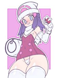 Rule 34 | 1girl, absurdres, beanie, blush, bright pupils, cameltoe, cleft of venus, cowboy shot, creatures (company), dawn (pokemon), elbow gloves, game freak, gloves, hair ornament, hairclip, hat, highres, kaikoinu, looking at viewer, looking down, nintendo, panties, pink background, pokemon, pokemon dppt, pokemon platinum, scarf, side-tie panties, skirt, solo, strapless, thick thighs, thighhighs, thighs, thong, undersized clothes, underwear, white pupils
