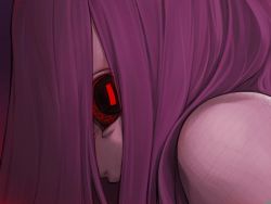 Rule 34 | 00s, 1girl, bare shoulders, crazy eyes, creepy, evil, face, fate/stay night, fate (series), game cg, hair over one eye, horror (theme), long hair, medusa (fate), medusa (rider) (fate), purple hair, red eyes, red theme, slit pupils, solo, square pupils