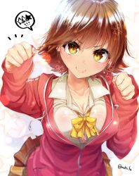Rule 34 | &gt;:), 1girl, ^^^, blush, bow, bowtie, breasts, brown eyes, brown hair, cleavage, clenched hands, collared shirt, highres, jacket, looking at viewer, medium breasts, mokufuu, orange skirt, original, pleated skirt, red jacket, shirt, short hair, skirt, smile, solo, speech bubble, spoken star, star (symbol), starry background, striped clothes, striped skirt, twitter username, vertical-striped clothes, vertical-striped skirt, white background, white shirt, yellow bow, yellow bowtie