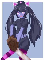 Rule 34 | 1girl, absurdres, black hair, blue background, blush, border, chainsaw, chrome (mon-musu quest!), colored skin, commentary request, fang, feet out of frame, glowing, glowing eyes, glowing horns, hat, highres, holding, holding chainsaw, horns, kazami windy, long hair, looking at viewer, mon-musu quest!, nurse cap, open mouth, pink eyes, pink horns, pink legwear, pointy ears, puffy shorts, puffy sleeves, purple legwear, purple skin, ringed eyes, shorts, simple background, skin fang, smile, standing, striped clothes, striped legwear, striped thighhighs, suspenders, thick eyebrows, thighhighs, tongue, twintails, white border