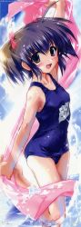 Rule 34 | 00s, 1girl, absurdres, black eyes, blush, breasts, hair ribbon, highres, komatsu eiji, long image, name tag, one-piece swimsuit, purple hair, ribbon, school swimsuit, small breasts, solo, stick poster, swimsuit, tall image, thighs, to heart (series), to heart 2, twintails, water, yuzuhara konomi