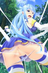 Rule 34 | 10s, 1girl, aqua (konosuba), ass, bare shoulders, blue eyes, blue hair, blue sky, blush, censored, day, detached sleeves, forest, from behind, from below, hair rings, highres, homu (seven deadly sins), kono subarashii sekai ni shukufuku wo!, long hair, miniskirt, mosaic censoring, nature, open mouth, outdoors, panties, panty pull, pussy, restrained, skirt, sky, solo, striped clothes, striped panties, thighhighs, tree, underwear, very long hair