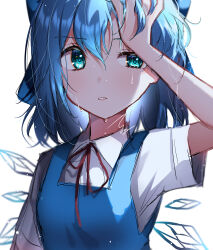 Rule 34 | 1girl, absurdres, aoyama tenchou, arm up, bloom, blue eyes, blue hair, breasts, cirno, hair between eyes, hand in own hair, highres, ice, ice wings, light blush, looking to the side, medium hair, parted lips, short sleeves, simple background, small breasts, solo, teeth, touhou, wet, white background, wing collar, wings