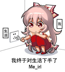 Rule 34 | 1girl, bilingual, bow, chibi, chinese commentary, chinese text, commentary request, electrical outlet, english text, fork, fujiwara no mokou, full body, hair between eyes, hair bow, holding, holding fork, jokanhiyou, long hair, lowres, meme, mixed-language text, pants, pink hair, puffy short sleeves, puffy sleeves, red eyes, red footwear, red pants, shadow, shirt, shoes, short sleeves, solo, squatting, suspenders, touhou, translation request, very long hair, white bow, white shirt