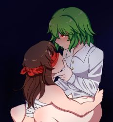 2girls bdsm black_background bondage bottomless bound brown_hair green_hair hakurei_reimu hanaarts kazami_yuuka medium_hair multiple_girls red_eyes shirt short_hair touhou white_shirt yuri