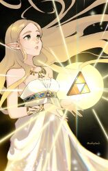 Rule 34 | 1girl, bare shoulders, black background, bracer, breasts, cowboy shot, dress, gold necklace, green eyes, highres, jewelry, long dress, long hair, looking up, medium breasts, necklace, nintendo, parted bangs, parted lips, pointy ears, princess zelda, sidelocks, softp3ach, solo, strapless, strapless dress, the legend of zelda, the legend of zelda: breath of the wild, thick eyebrows, triforce, twitter username, white dress