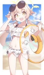 Rule 34 | 1girl, beach, bikini, blue archive, blue sky, blurry, blurry background, blush, cloud, collarbone, commentary, cowboy shot, eyewear on head, frilled bikini, frills, hair flaps, halo, hifumi (blue archive), hifumi (swimsuit) (blue archive), highres, holding, holding swim ring, innertube, koutei pengin 1-gou, light brown hair, long hair, looking at viewer, low twintails, navel, ocean, open mouth, outdoors, peroro (blue archive), sidelocks, sky, smile, solo, stomach, sunglasses, swim ring, swimsuit, teeth, thighs, transparent innertube, twintails, upper teeth only, white bikini, yellow eyes