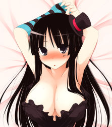Rule 34 | 00s, 1girl, akiyama mio, armpits, arms behind back, arms up, asymmetrical clothes, bare shoulders, black hair, blunt bangs, blush, breasts, cleavage, don&#039;t say &quot;lazy&quot;, fingerless gloves, gloves, hat, hime cut, huge breasts, k-on!, kurikara, large breasts, long hair, lying, mini hat, mini top hat, on back, single glove, solo, striped clothes, striped gloves, top hat