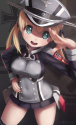 Rule 34 | 10s, 1girl, :d, anchor hair ornament, aqua eyes, artist name, black thighhighs, blonde hair, blue eyes, breasts, cross, hair ornament, hand on own hip, hat, highres, iron cross, kantai collection, large breasts, looking at viewer, microskirt, military, military hat, military uniform, novcel, open mouth, peaked cap, prinz eugen (kancolle), salute, skirt, smile, solo, swastika, teeth, thighhighs, twintails, uniform