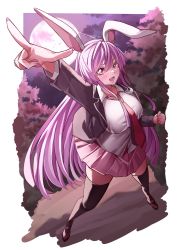 Rule 34 | 1girl, animal ears, arm up, black jacket, black thighhighs, breasts, brown footwear, bush, cloud, cloudy sky, collared shirt, crescent, crescent pin, eyes visible through hair, fang, fingernails, full moon, gradient sky, hair between eyes, hands up, highres, jacket, large breasts, leaf, light, long fingernails, long hair, long sleeves, looking away, mahoro (minase mahoro), miniskirt, moon, moonlight, nail polish, necktie, night, night sky, open clothes, open jacket, open mouth, outdoors, pink nails, pink skirt, pointing, purple hair, purple nails, purple sky, rabbit ears, red eyes, red necktie, reisen udongein inaba, shadow, shirt, shoes, skirt, sky, smile, solo, standing, thighhighs, tongue, touhou, tree, white background, white shirt