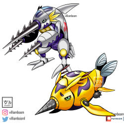 Rule 34 | absurdres, claws, digimon, digmon, drill, green eyes, harpoon, highres, simple background, submarimon, white background, wings