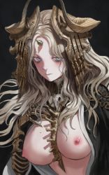 Rule 34 | 1girl, absurdres, black background, black coat, blonde hair, blue eyes, blush, breasts, closed mouth, coat, commentary, curly hair, english commentary, fantasy, forehead, gold can, highres, horns, large breasts, long hair, looking at viewer, mole, mole on breast, multicolored eyes, nipples, open clothes, open coat, original, parted bangs, ringed eyes, simple background, skeleton, skull, solo, spine, standing, upper body
