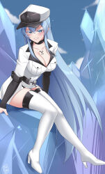 Rule 34 | 1girl, absurdres, akame ga kill!, artist logo, blue eyes, blue hair, blue sky, boots, breasts, chest tattoo, chym39, cleavage, cloud, colored eyelashes, esdeath, hair between eyes, hat, high heel boots, high heels, highres, ice, jacket, large breasts, long hair, looking to the side, military, military hat, military jacket, military uniform, parted lips, peaked cap, sitting, sky, smile, solo, tattoo, thigh boots, uniform, very long hair, white footwear, white jacket